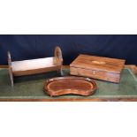A CHARMING ANTIQUE MAHOGANY ARTISTS BOX together with a book rack and tray. (3)