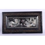 AN EARLY 20TH CENTURY JAPANESE KOREAN MOTHER OF PEARL INLAID PANEL depicting dragons. 36 cm x 24 cm.