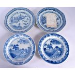 TWO 18TH CENTURY CHINESE EXPORT BLUE AND WHITE PLATES Qianlong, together with two others. 23 cm wide