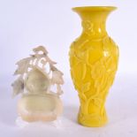 A 19TH CENTURY CHINESE PEKING GLASS YELLOW VASE Qing, together with a soapstone brush washer. Larges