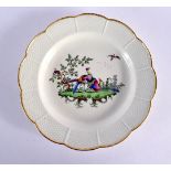 18th century Worcester plate with basket weave moulding painted with exotic birds in landscape. 20cm