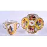 A DRESDEN AUGUSTUS REX PORCELAIN QUATREFOIL CHOCOLATE CUP AND SAUCER. 13 cm wide. (2)