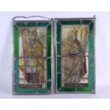 A PAIR OF ANTIQUE STAINED GLASS WINDOWS. 42 cm x 30 cm.