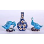 A PAIR OF LATE 19TH CENTURY CHINESE TURQUOISE GLAZED DUCKS together with a snuff bottle. Largest 8 c