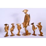 A RARE SET OF JAPANESE TAISHO PERIOD STYLISED BRONZE FIGURES modelled upon shaped bases. Largest 24