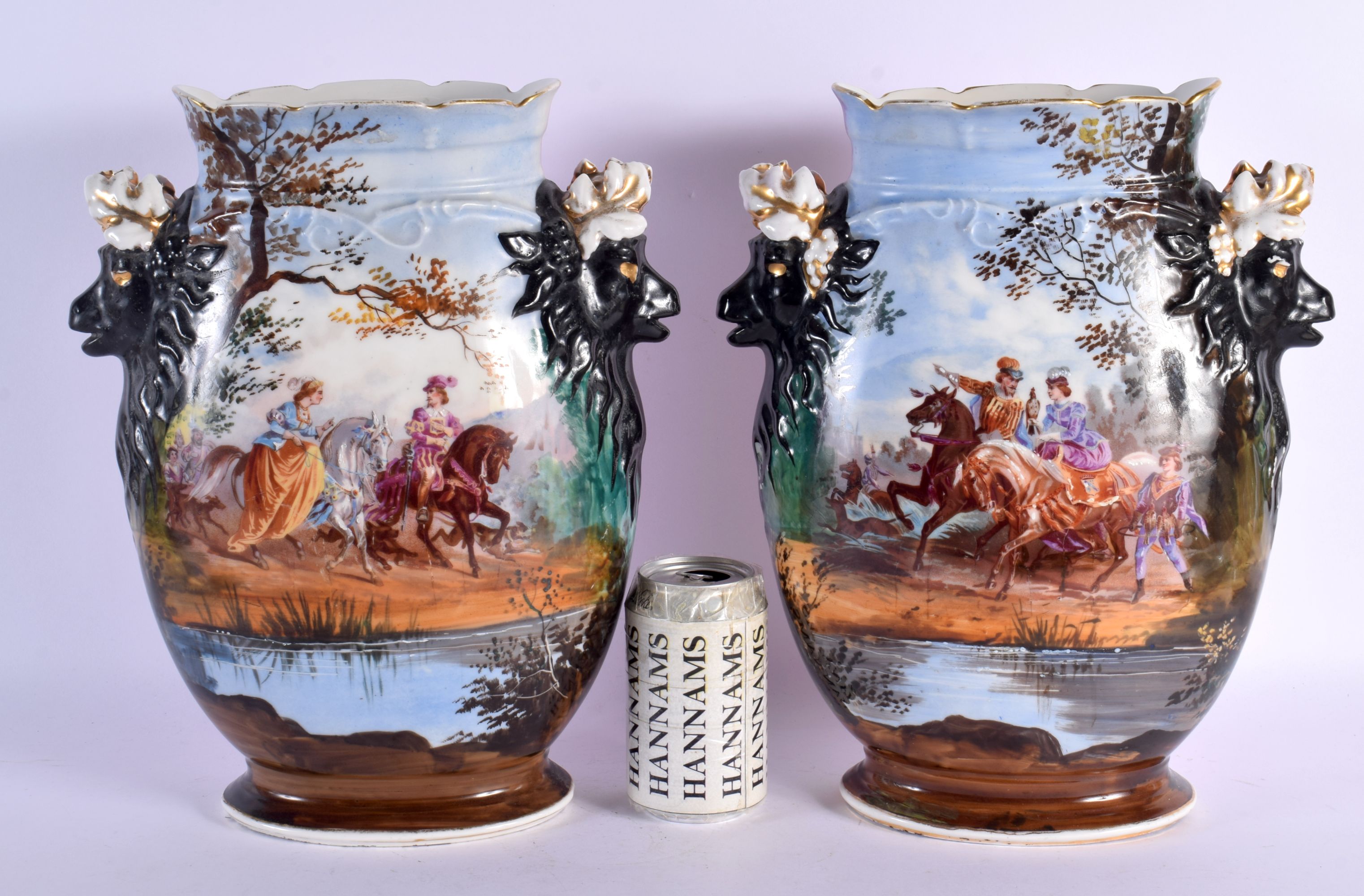 A PAIR OF 19TH CENTURY FRENCH PARIS PORCELAIN VASES painted with figures in landscapes. 34 cm x 19 c