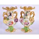 19th century English porcelain pair of vases with elaborate handles painted and encrusted with flowe