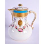 Late 19th century Minton jug and cover painted with roses and gilt pendants under turquoise borders,