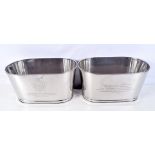A PAIR OF LILY BOLLINGER SILVER PLATED WINE COOLERS. 30 cm x 17 cm.