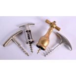 FOUR VINTAGE CORKSCREWS. Largest 15 cm x 4 cm. (4)