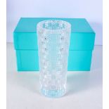 A BOXED TIFFANY & CO GLASS VASE. 18 cm high.