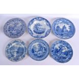 SIX 19TH CENTURY ENGLISH BLUE AND WHITE POTTERY PLATES including a Rogers oxen plate, a John & Willi