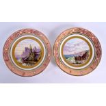 Davenport pair of plates both painted with watery landscapes, under an acid etched inner boarder, an