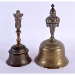 A 17TH/18TH CENTURY INDIAN BRONZE FIGURAL BELL together with a 19th century engraved bronze bell. La
