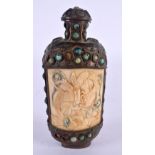 A 19TH CENTURY TIBETAN TURQUOISE AND BONE MOUNTED SNUFF BOTTLE AND STOPPER decorated with dragons. 1