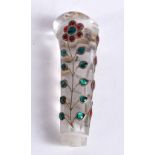 A Chinese carved glass dagger handle decorated with polished stones 8 cm.