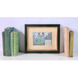 A collection of Mid Century Cricket books together with a Victorian Coloured Cricket lithograph. Lar