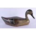 A VINTAGE FOLK ART POLYCHROMED WOOD DECOY DUCK. 36 cm x 18 cm.