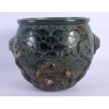A LARGE CHINESE CARVED GREEN JADE BULBOUS CENSER 20th Century. 15 cm x 15 cm.