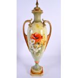 Royal Worcester two-handled pedestal vase and fixed cover, the slender ovoid body painted by W. Rick