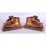 A PAIR OF AMERICAN ALICE AMES OF BOSTON BRONZED COPPER BOOT DESK STANDS. 15 cm x 9 cm.