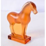 LALIQUE FRANCE CRYSTAL "TANG" HORSE PAPER WEIGHT. 9cm x 8.4cm