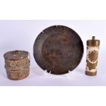 A 19TH CENTURY TIBETAN COPPER BOX together with a inlaid steel dish etc. Largest 10 cm diameter. (3)