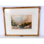 A framed 19th Century watercolour of a river running through a mountainous landscape signed S C Jone
