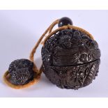 A JAPANESE CARVED BOXWOOD INRO with attached netsuke. Inro 7 cm wide.