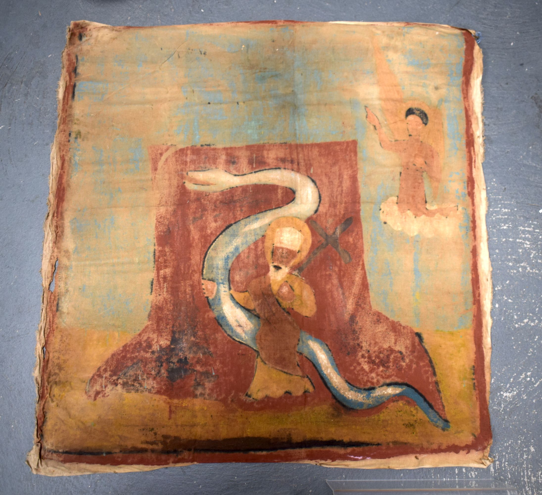 AN EARLY SOUTHERN EUROPEAN PAINTED ICON TYPE HANGING depicting figures and scripture. 83 cm x 80 cm. - Image 9 of 9