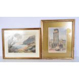 A framed watercolour of a coastal scene by B M Blyth together with a watercolour of Roman ruin 27 x