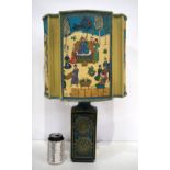 A porcelain lamp stand with an interesting fabric lampshade depicting a Persian battle scene 60 cm h