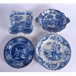 FOUR 19TH CENTURY ENGISH BLUE AND WHITE DISHES including a rare spode rhino and elephant dish. Large