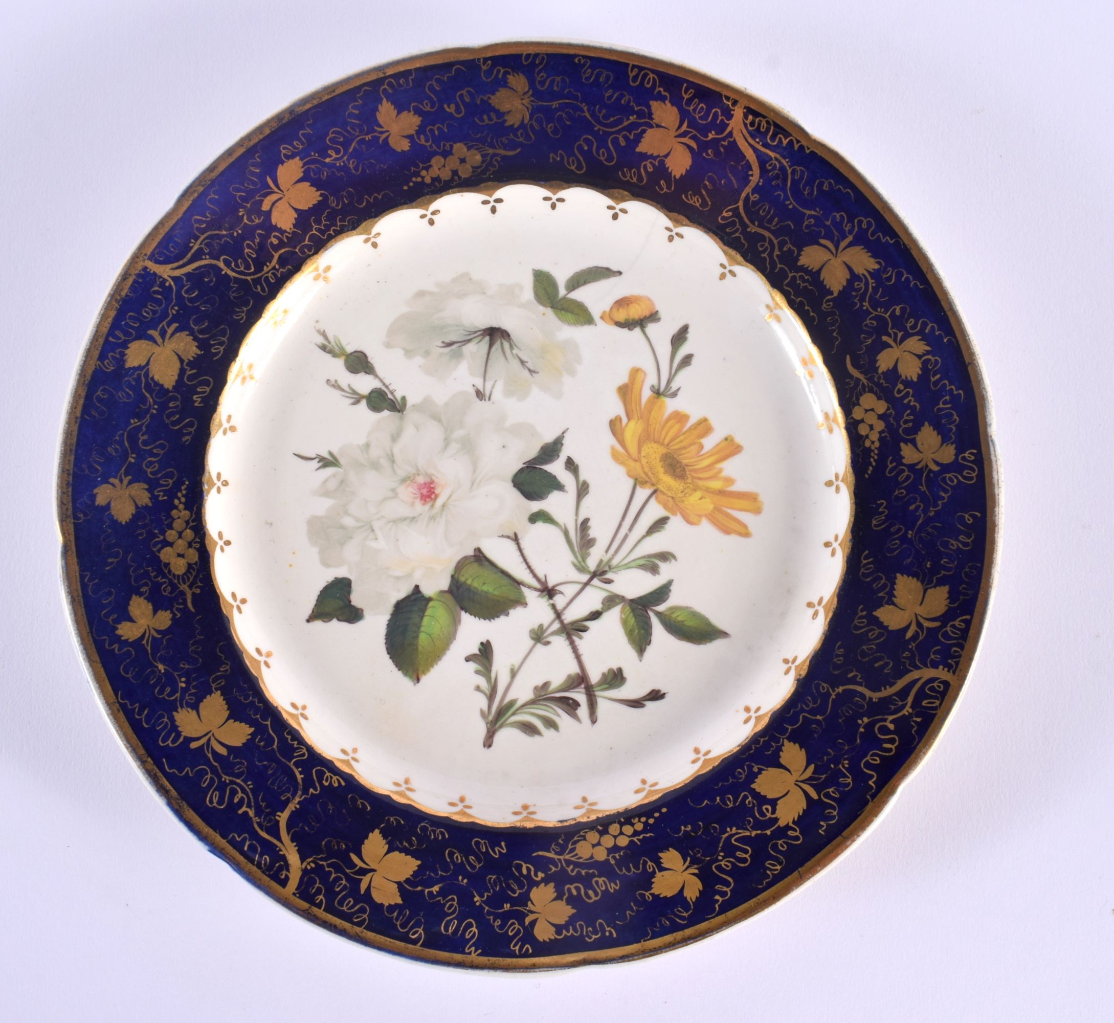 AN EARLY 19TH CENTURY ENGLISH PORCELAIN CABINET PLATE painted with botanical flowers. 21 cm diameter