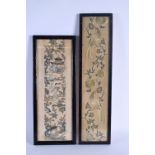TWO 19TH CENTURY CHINESE SILK WORK EMBROIDERED PANELS Qing. Largest 55 cm x 12 cm. (2)