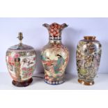 Two large Japanese Kutani vases together with a Chinese Famille Rose vase converted to a lamp.45 cm