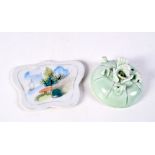 A small Chinese porcelain Celadon water dropper together with a small porcelain plaque largest 11 x