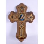 A 19TH CENTURY FRENCH CHAMPLEVE ENAMEL AND PORCELAIN CRUCIFIX. 30 cm x 15 cm.