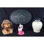 A wax candle figure of a male together with a Coalport figurine, a Chinese Lacquered tray and a smal