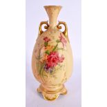 Royal Worcester two handled blush ivory vase painted with flowers, shape 264 H date mark 1910R. 19cm