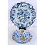 A LARGE 18TH CENTURY DUTCH DELFT BLUE AND WHITE PLATE together with a smaller plate. Largest 33 cm d