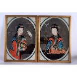 A PAIR OF CHINESE QING DYNASTY REVERSE PAINTED PANELS Qing, painted with figures and birds. 36 cm x
