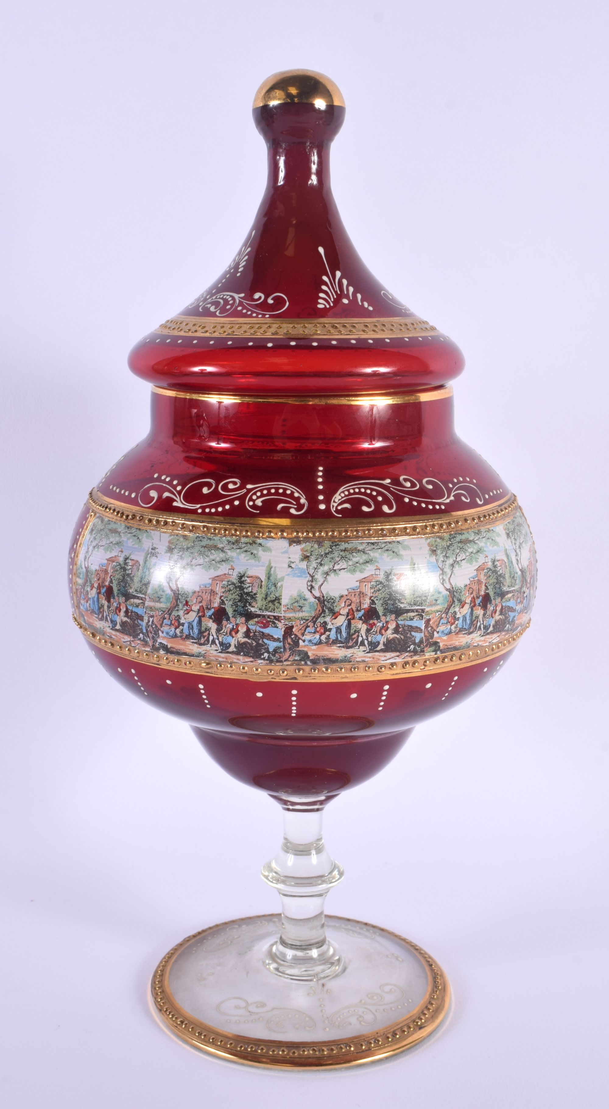 AN UNUSUAL BOHEMIAN CRANBERRY ENAMELLED GLASS VASE AND COVER together with an unusual enamelled plat - Bild 2 aus 6