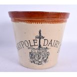 AN ANTIQUE MAYPOLE DAIRY STONEWARE POT. 21 cm x 15 cm.