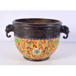 A Chinese Cloisonne enamelled incense burner with beast head handles 11 x 21 cm