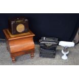 VINTAGE SCALES together with a radio, typewriter and a stand. (4)