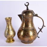 A 19TH CENTURY MIDDLE EASTERN SILVER INLAID BRONZE VASE together with an Ottoman type jug. Largest 1