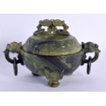 AN EARLY 20TH CENTURY CHINESE CARVED SOAPSTONE CENSER AND COVER Late Qing/Republic. 12 cm wide.