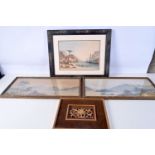 A collection of framed watercolours together with a framed carving 33 x 32cm (4).