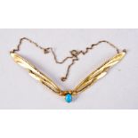 A VINTAGE FRENCH ART NOUVEAU YELLOW METAL AND TURQUOISE DRAGONFLY NECKLACE. 13.5 grams. 39 cm long.